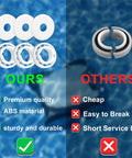 Comparison of pool cleaner rebuild kit with 8 wheel bearings, 4 screws, 4 washers for Polaris 280 and 180 against inferior model.