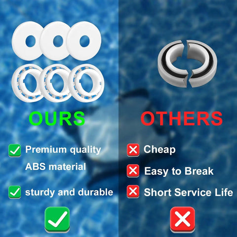 Comparison of pool cleaner rebuild kit with 8 wheel bearings, 4 screws, 4 washers for Polaris 280 and 180 against inferior model.