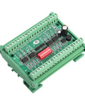 Green eight channel NPN and PNP to NPN logic level converter module for 5V and 24V signals, top view with terminal blocks.