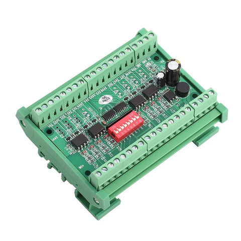 Green eight channel NPN and PNP to NPN logic level converter module for 5V and 24V signals, top view with terminal blocks.