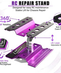 Aluminum RC Repair Stand for Ten Scale Cars With 360 Degree Rotation and Adjustable Height From Ninety to One Hundred Thirty Three Millimeters, Fits One Eighth to One Fourteenth Scale Crawlers Drifters Buggies and Trucks showing 360° rotation and magnetic strip features.