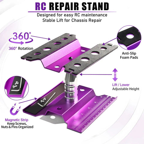 Aluminum RC Repair Stand for Ten Scale Cars With 360 Degree Rotation and Adjustable Height From Ninety to One Hundred Thirty Three Millimeters, Fits One Eighth to One Fourteenth Scale Crawlers Drifters Buggies and Trucks showing 360° rotation and magnetic strip features.