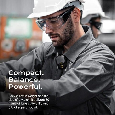 Worker wearing yellow Wearable Bluetooth V5.3 Clip-On Speaker With 30 Hour Battery Life, IPX7 Waterproof, ENC Mic for Hands Free Calls