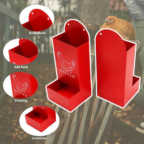 Must Have Backyard Bird Gear Two Pack Red Metal Grit And Oyster Shell Feeders showing screw holes and food container design.