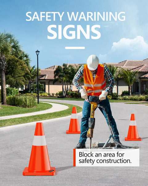 Construction worker using equipment surrounded by 6 Pack 18 Inch Traffic Safety Cones With Reflective Collars PVC Orange For Home Driveway Parking Durable Weighted Construction Cone Set That Stacks And Stores Easily