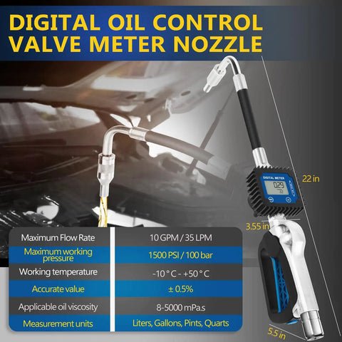 Beefed Up Heavy Duty Air Operated Oil Flow Meter Dispenser Nozzle Digital Metering Gun One Half Inch NPT Inlet 10 GPM And 35 LPM