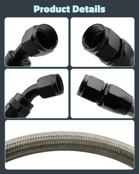 Heavy Duty Turbo Drain Tube Kit For Cummins Engine Swap 2nd Gen Stainless Steel Braided Oil Feed Line With Connectors And Screws close-up braided hose and black fittings