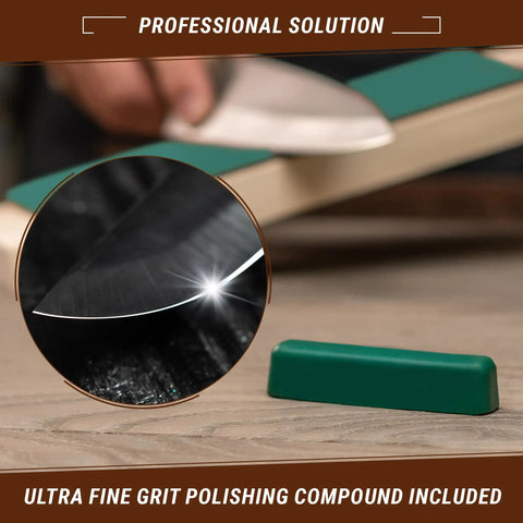 Double Sided Knife Stropping Leather Strop Kit 3 By 8 Inches with honing compound and polishing compound close-up