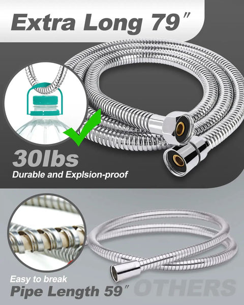 79 inch durable hose for High Pressure Shower Head With 10 Modes And 15 Stage Filtration, shows durable metal structure.