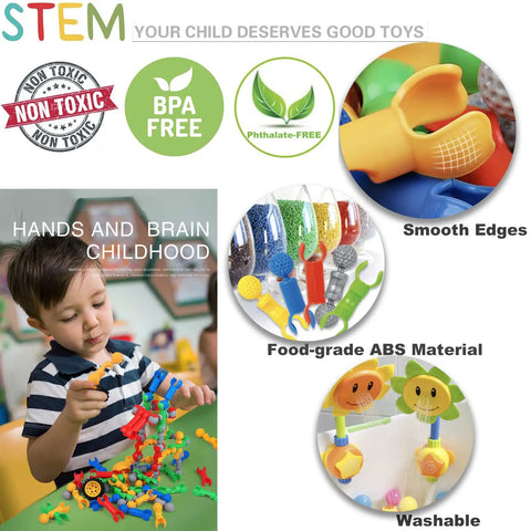 Child playing with Epic 170 Piece STEM Building Toys Kit For Kids Aged 4 8 With 6 Color Tools And 20 Wheels Educational Construction Set