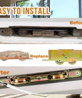 Before and after installation of 2 Pack Sliding Patio Door Tandem Roller Assembly Replacement Fits Guardian Croft VinylMax And Other Sliding Door Manufacturers 1-1/4 Inch Steel Ball Bearing End Adjustment 5-3/4 Inch Screw Hole Centers