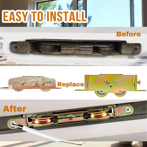 Before and after installation of 2 Pack Sliding Patio Door Tandem Roller Assembly Replacement Fits Guardian Croft VinylMax And Other Sliding Door Manufacturers 1-1/4 Inch Steel Ball Bearing End Adjustment 5-3/4 Inch Screw Hole Centers