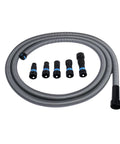 Quick Click 16 Foot Commercial Vacuum Hose With Expanded Multi Brand Power Tool Adapter Set laid out with adapters