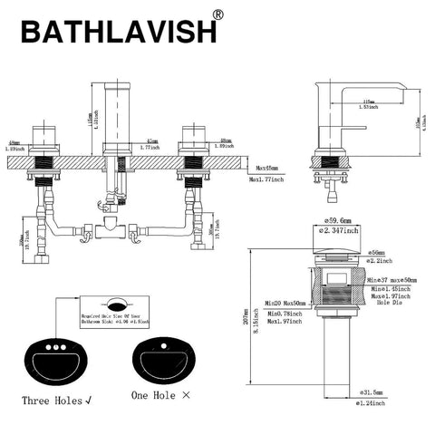 Technical diagram of Oil Rubbed Bronze Widespread Bathroom Faucet With 8 Inch 3-Hole Mount 2-Handle Waterfall Vanity Lavatory Tap