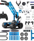 Robotic arm kit with blue metal frame on tracked base, remote, gears and components for STEM learning