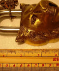 Old School Antique Lion Face Brass Padlock With Keys, Fully Functional Lock, Vintage Brass Finish, shown with a ruler for scale