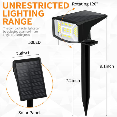 Diagram of the Outdoor Solar Spot Lights IP65 Waterproof 50 LED Spotlight For Landscape And Pathway Lighting, showing dimensions and LED details.