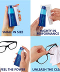 Clear View lens cleaner kit with blue bottle, 2 x 8oz bottles, 1 travel spray, and 3 microfiber cloths for glasses.