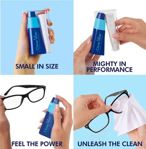 Clear View lens cleaner kit with blue bottle, 2 x 8oz bottles, 1 travel spray, and 3 microfiber cloths for glasses.