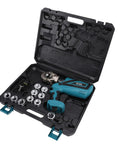 Sorandy 60KN Electric Hydraulic Crimping Tool in black carrying case with 11 dies and rechargeable cordless crimper.