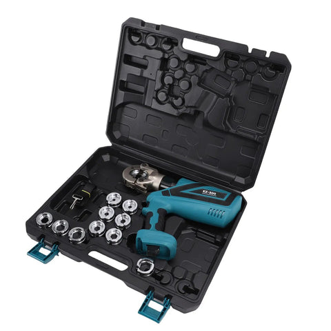 Sorandy 60KN Electric Hydraulic Crimping Tool in black carrying case with 11 dies and rechargeable cordless crimper.