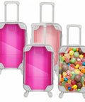 ABOOFAN 4-pack mini plastic suitcase party favors; pink translucent cases with wheels, one filled with colorful candies.