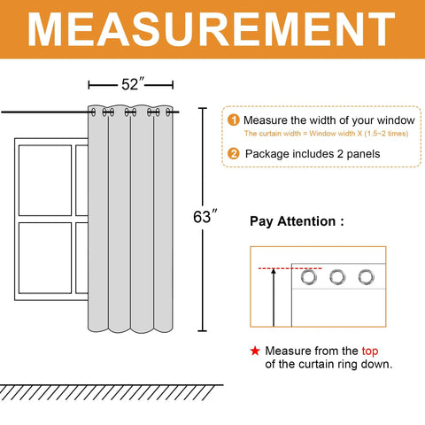 Diagram showing measurements of Blackout Curtains For Bedroom 52 By 63 Inches No Drill Required Thermal Insulated Light Blocking Window Panels With Sewn In Tiebacks Silver Grey For Living Room And Home Office Heavy Duty Room Darkening Drape Curtains, highlighting 52x63 inch size and hanging instructions.