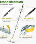 15 Inch Steel Lawn Dethatcher With Handle Heavy Duty Rake For Thatch Removal And Soil Aeration Cleans Dead Grass Leaves And Debris Easy Yard Work Pro Grooming Tool For Lawn Care And Maintenance showing telescopic design with spiral connection, soft rubber grip, bending steel tooth, and adjustable rake head features.