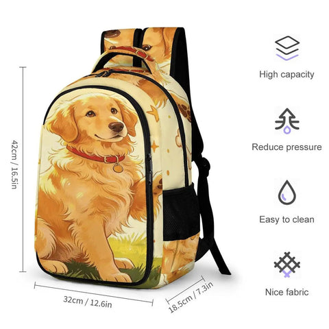 Happy Golden Retriever Printed Backpack for everyday carry, unisex large capacity, durable polyester, 16.5-inch height image.