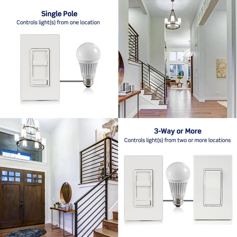 SureSlide LED Dimmer Switch for 150W Dimmable LED Halogen and Incandescent Bulbs and Fixtures White showing single and 3-way setup.