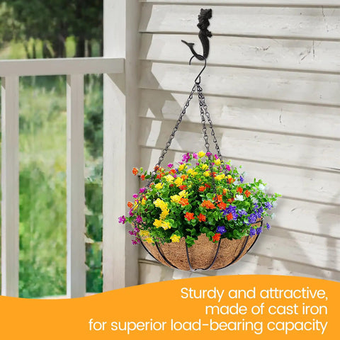 Hella Sturdy Mermaid Cast Iron Hooks, Rustic Black Wall Plant Hangers For Cozy Spaces, heavy-duty hook holding vibrant flower basket.