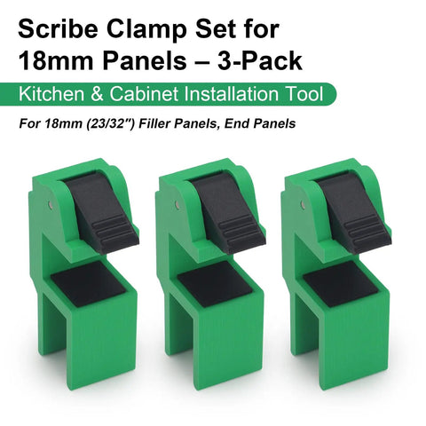 No Sweat Scribing Setup For 18Mm Cabinet Panels Three Pack Killer Grips For Kitchen Fillers And Wardrobe Ends, green clamp set.