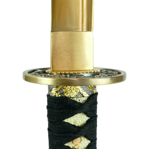 Close-up of Hand Forged 1045 High Carbon Steel Samurai Katana With Gold Plated Blade Choose Flower Tsuba