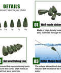 Bullet Shaped Fishing Weights Sinkers for Bass, multiple sizes, high-density material, smooth design, reduces water resistance.