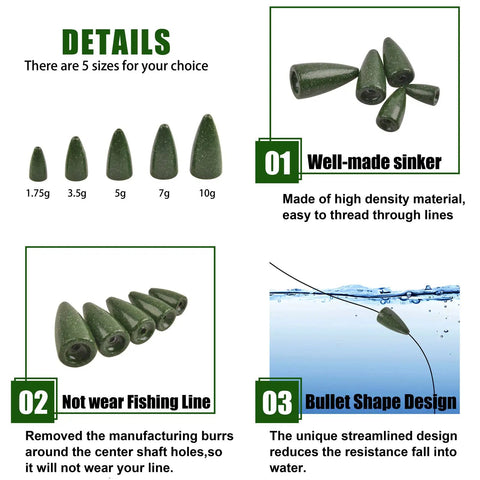 Bullet Shaped Fishing Weights Sinkers for Bass, multiple sizes, high-density material, smooth design, reduces water resistance.