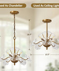 Modern Gold Chandelier Vintage Brass Flower Glass Pendant Light Mid Century Ceiling Lamp shown with dimensions and usage.