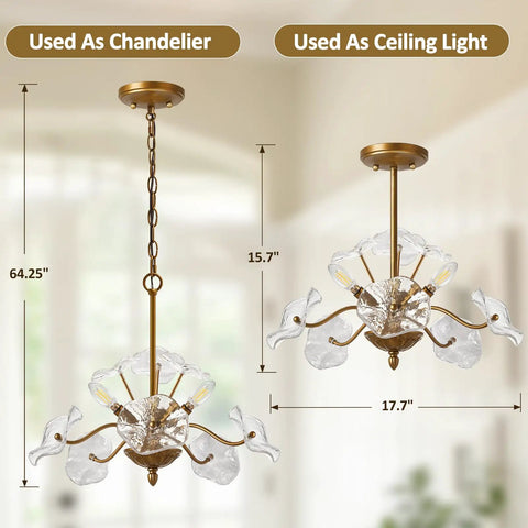 Modern Gold Chandelier Vintage Brass Flower Glass Pendant Light Mid Century Ceiling Lamp shown with dimensions and usage.