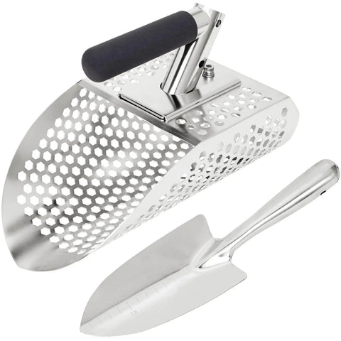 Durable Stainless Steel Sand Scoop For Metal Detecting With Diggin Tool, Beach Sand Sifter Shovel For Treasure Hunters shown on white
