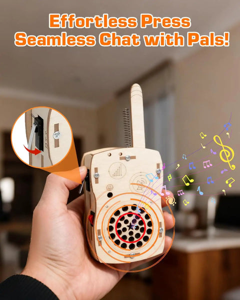 DIY Walkie Talkie Kit For Kids Age 8-14, electronics project toy held in hand, wooden case with speaker grill