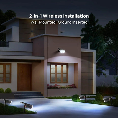 Outdoor Solar Spotlight 16 LEDs IP67 Waterproof Auto On Off Dusk To Dawn 650 Lumen Cool White Beam installed on wall of house at night