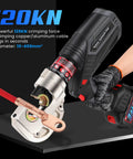Heavy Duty Rechargeable Electric Hydraulic Cable Lug Crimper For 8AWG To 800MCM With 13 Dies, showcasing 120KN force and crimping copper lugs.