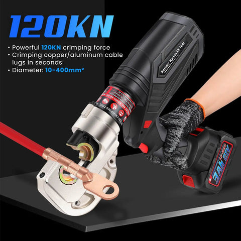 Heavy Duty Rechargeable Electric Hydraulic Cable Lug Crimper For 8AWG To 800MCM With 13 Dies, showcasing 120KN force and crimping copper lugs.