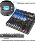 Close-up of 8 Channel Pro DJ Mixer Sound Board Desk Console With USB MP3 Input Bluetooth 48V Phantom Power, showing display and controls.