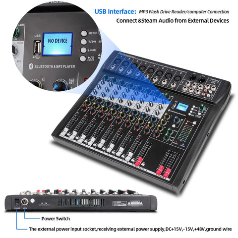 Close-up of 8 Channel Pro DJ Mixer Sound Board Desk Console With USB MP3 Input Bluetooth 48V Phantom Power, showing display and controls.