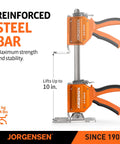Jorgensen 470 Lb Cabinet Jack Clamp Lifting Tool showcasing reinforced steel bar, lifting up to 10 in, ergonomic handle.
