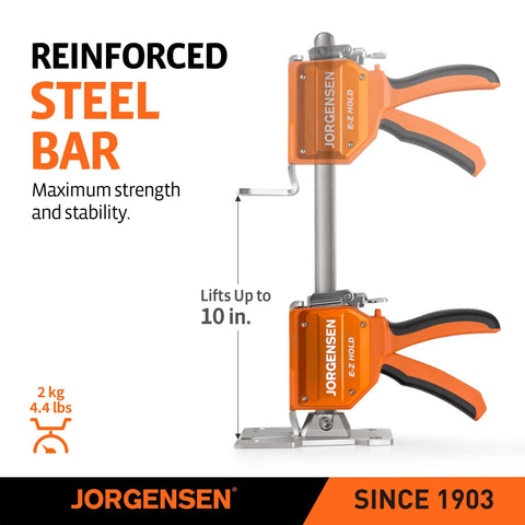 Jorgensen 470 Lb Cabinet Jack Clamp Lifting Tool showcasing reinforced steel bar, lifting up to 10 in, ergonomic handle.