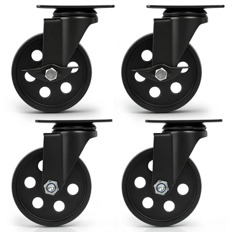 Beefy Heavy Duty 4 Inch Swivel Plate Caster Set Of 4 With Brakes, Rust Resistant Cast Iron Casters For Wood Furniture