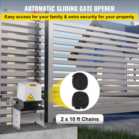 Heavy Duty Automatic Sliding Gate Opener Rigged With Two Remotes And 500W Silent Copper Motor For Driveways Up To 3100 Lbs showing motor and two 10 ft chains.
