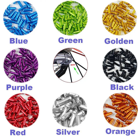 Colorful Bike Cable End Caps Set, Alloy End Crimps in 8 colors: Red, Black, Gold, Silver, Green, Blue, Purple, Orange, 80 Pieces.