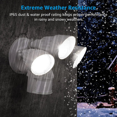 COB LED Outdoor Security Flood Light With Motion Sensor in snowy weather, heavy duty aluminum, IP65 weatherproof, white, 3-head adjustable.